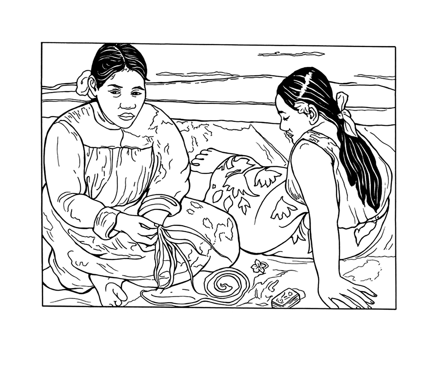   Deux femmes assises sur une couverture sur la plage 