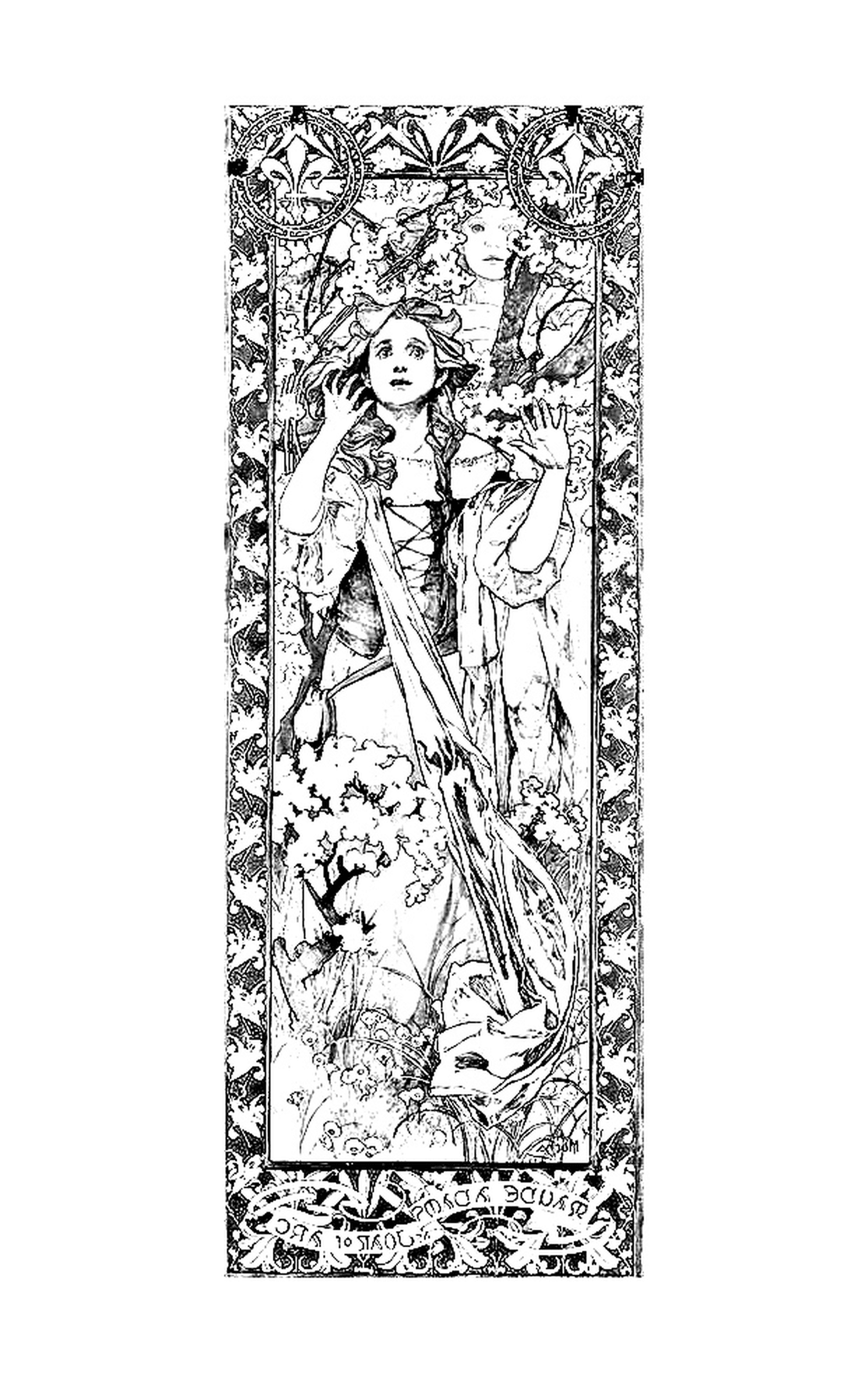  une femme habillée en Jeanne d'Arc selon Alfons Mucha 
