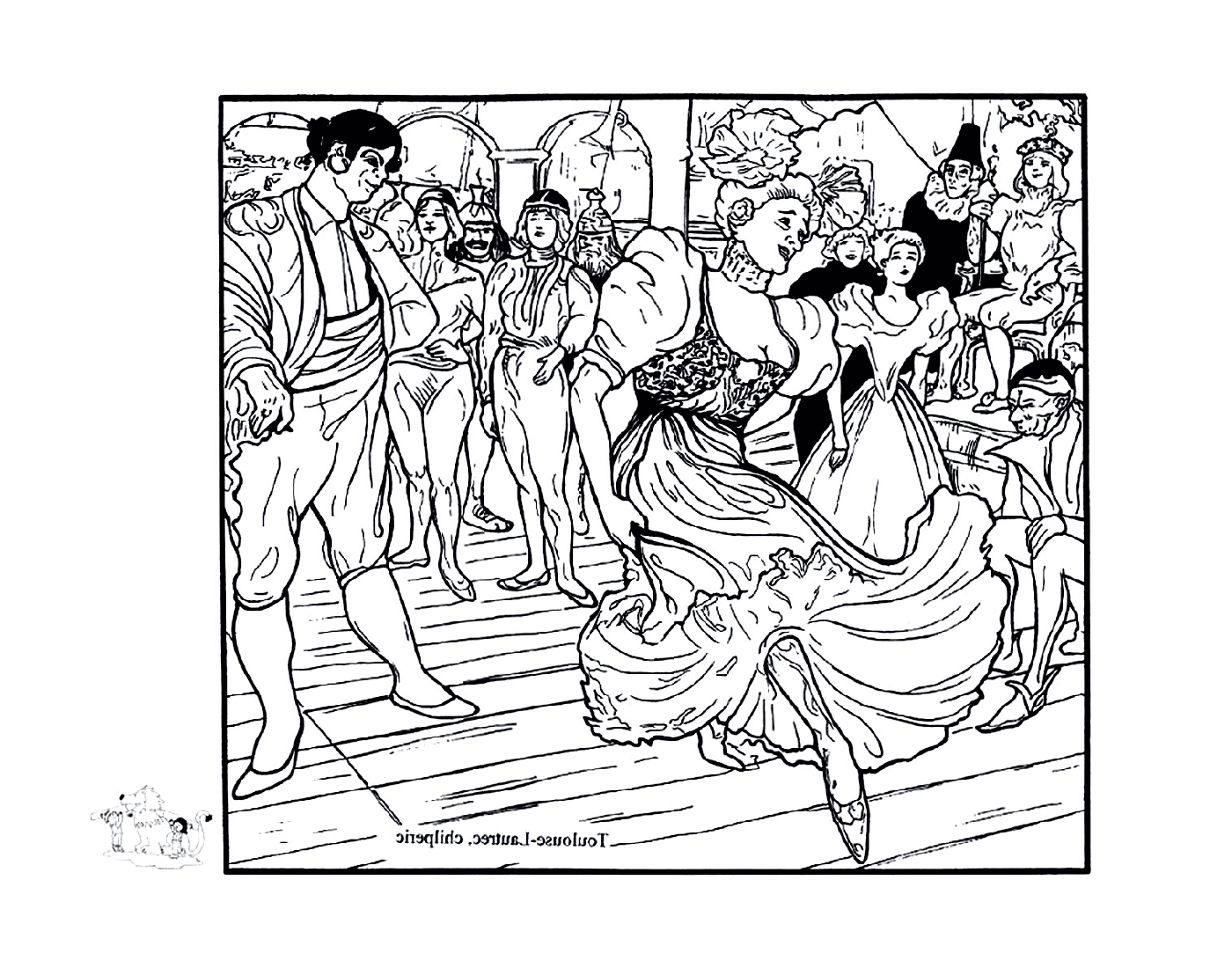  des gens qui dansent lors d'une fête à la manière de Toulouse-Lautrec 