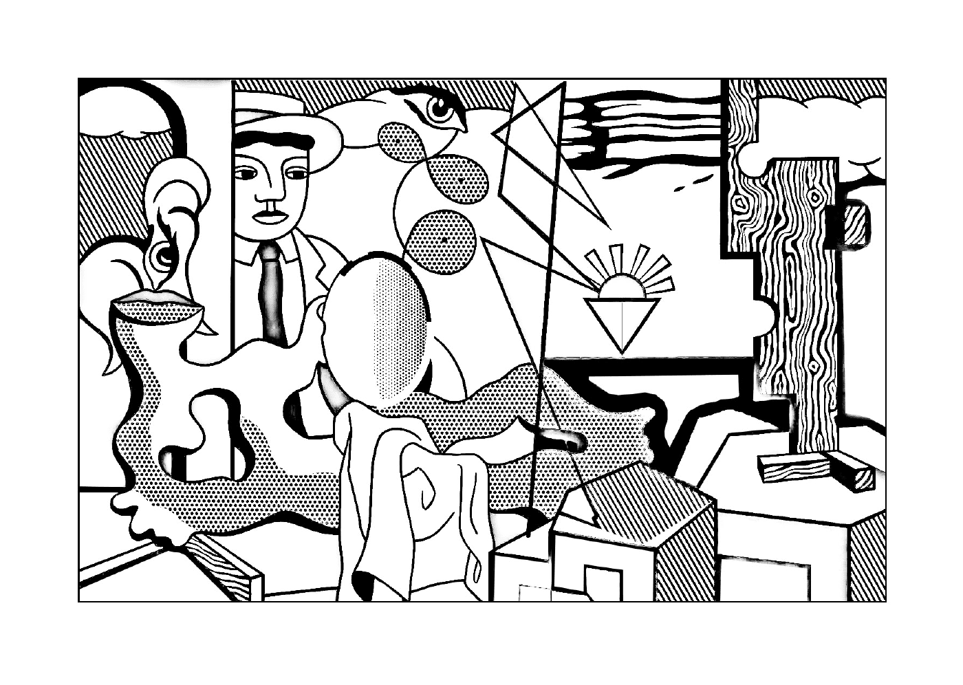   un homme tenant une canne à la manière de Roy Lichtenstein 