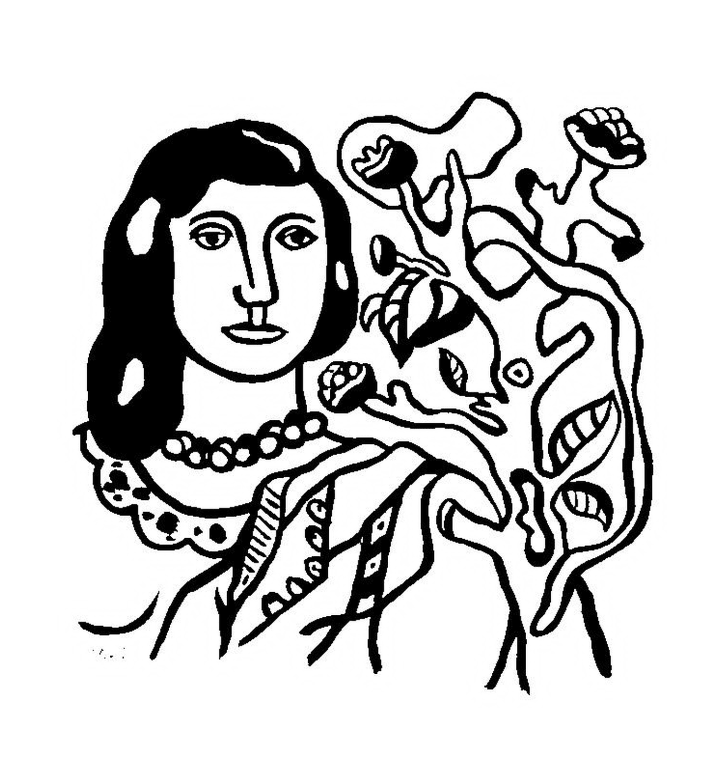   le visage d'une femme avec des fleurs selon Fernand Léger 