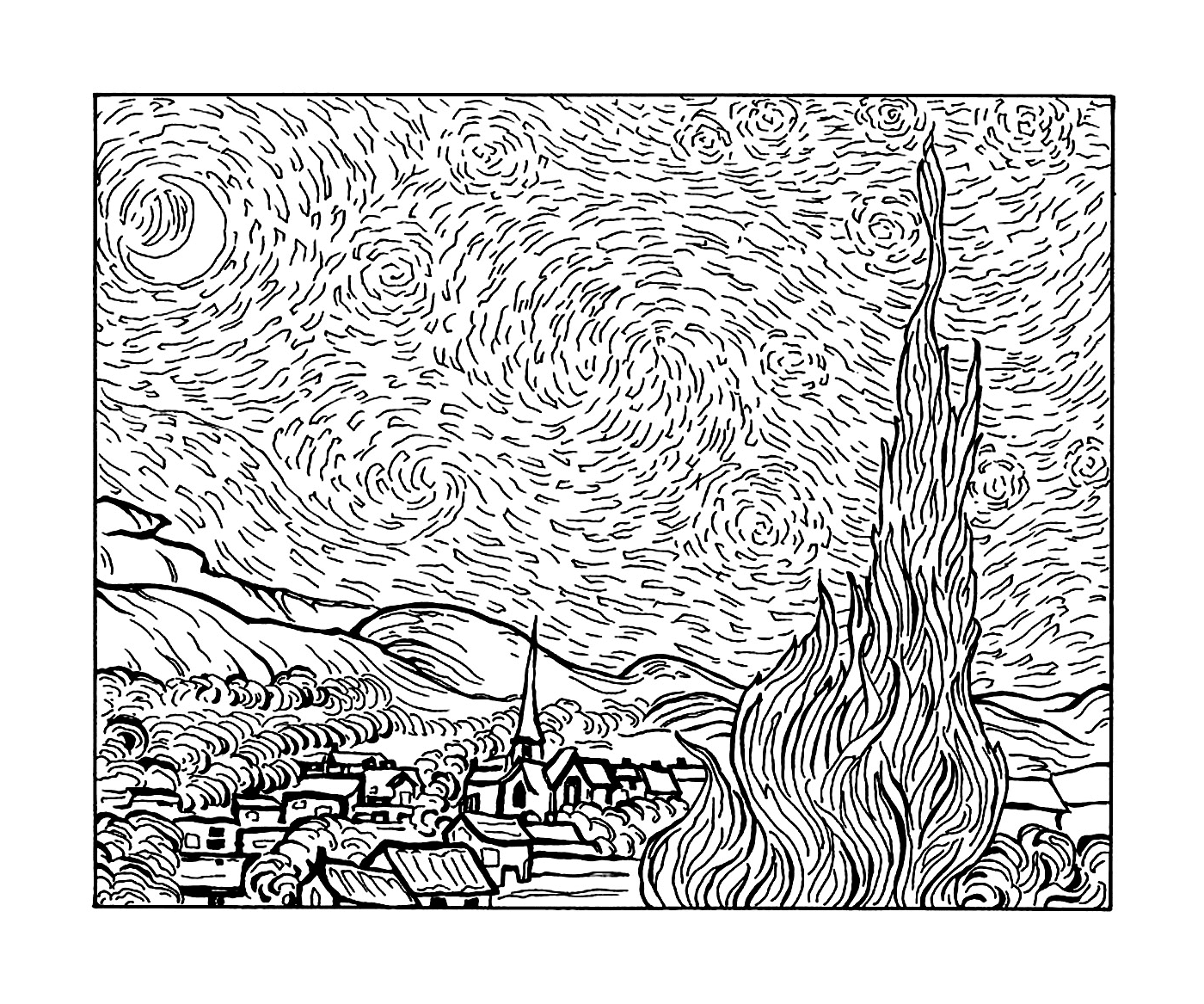   une ville et un arbre selon La Nuit étoilée de Van Gogh 