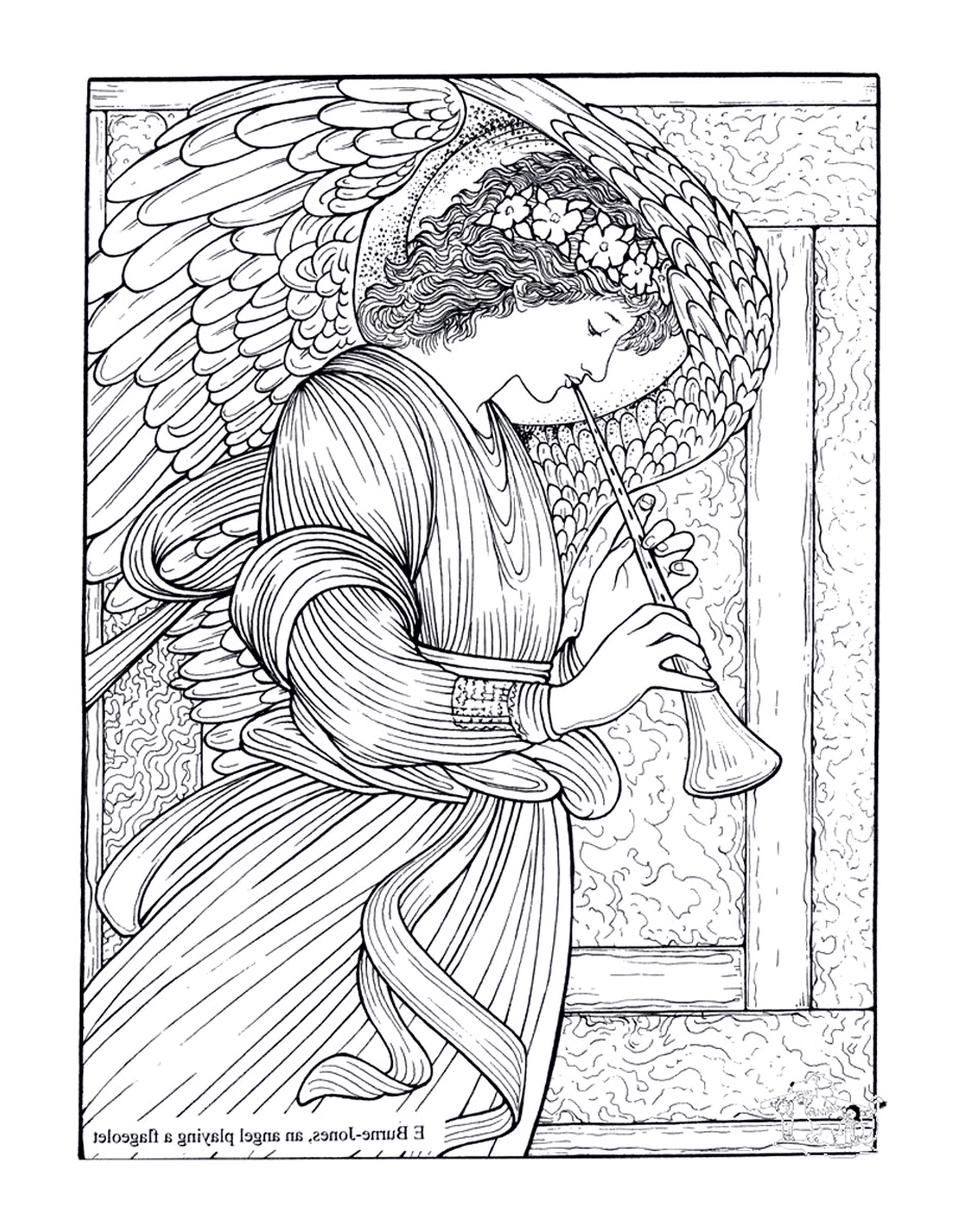   un adulte d'un ange jouant d'un flageolet selon Burne-Jones 