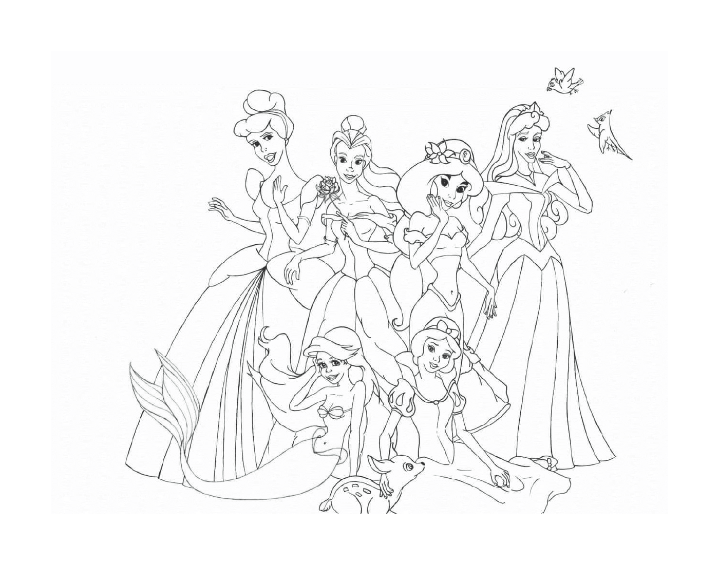   Un groupe de princesses Disney assises et debout ensemble 