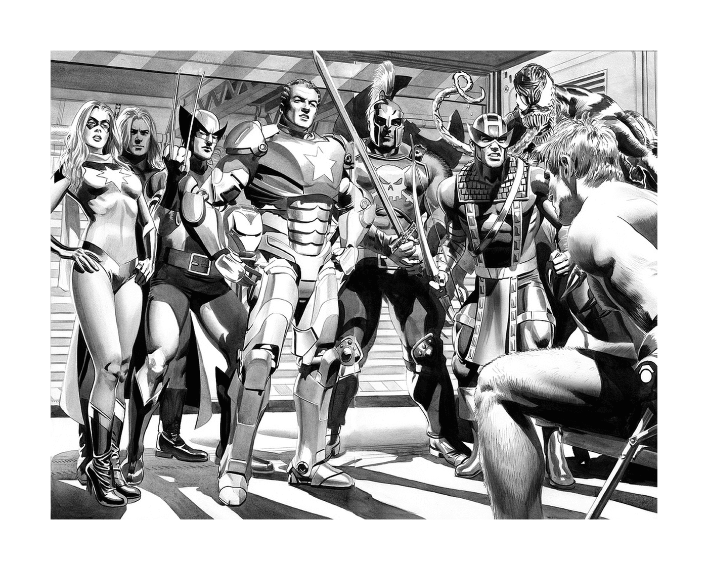   Une photographie en noir et blanc d'un groupe de super-héros 