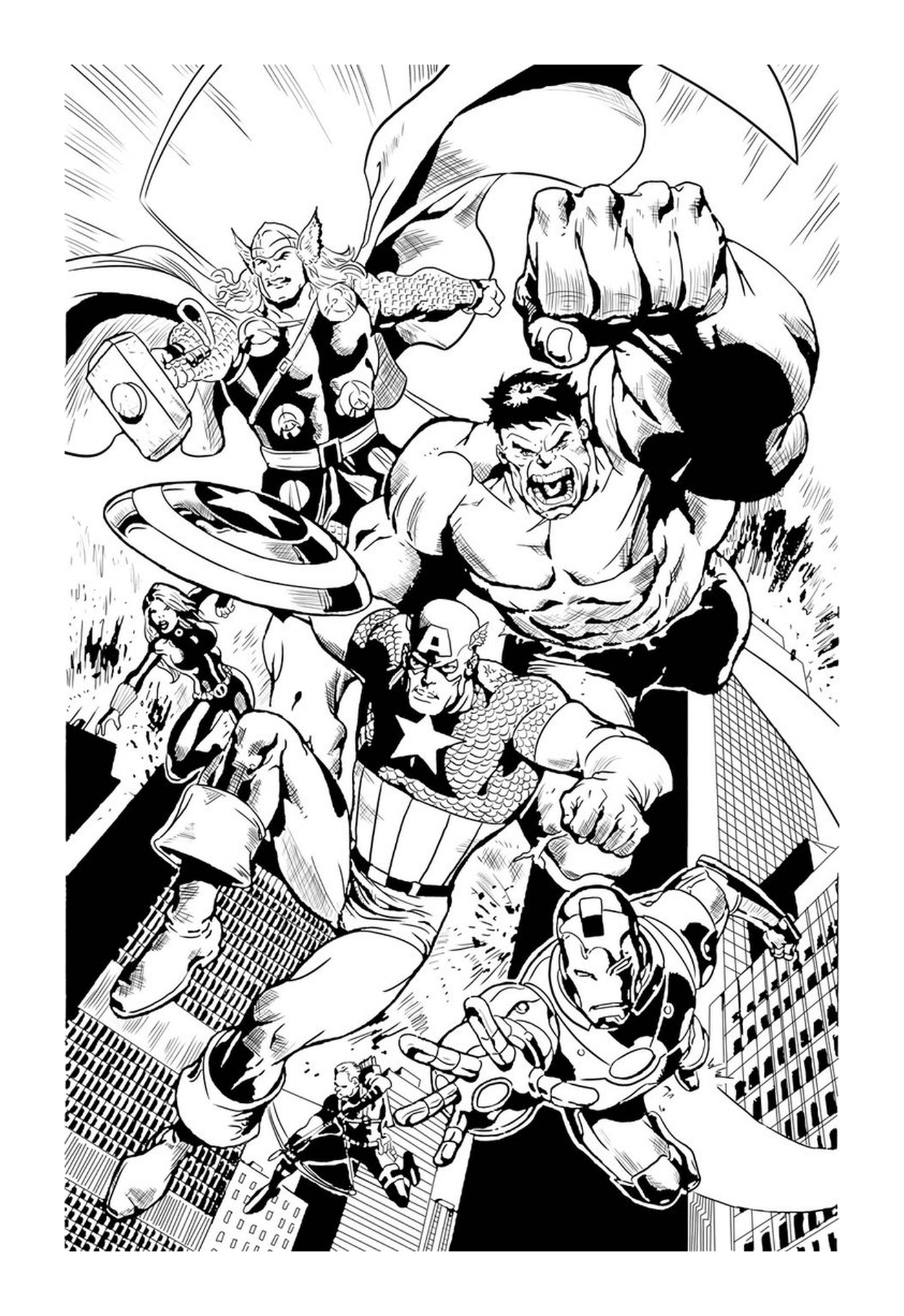   Un groupe de super-héros en noir et blanc 