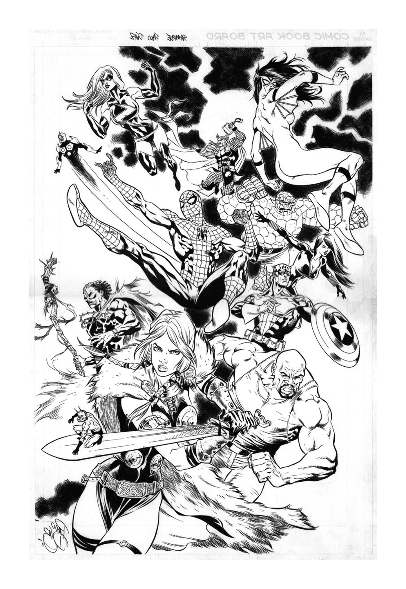   Un groupe de super-héros en noir et blanc 