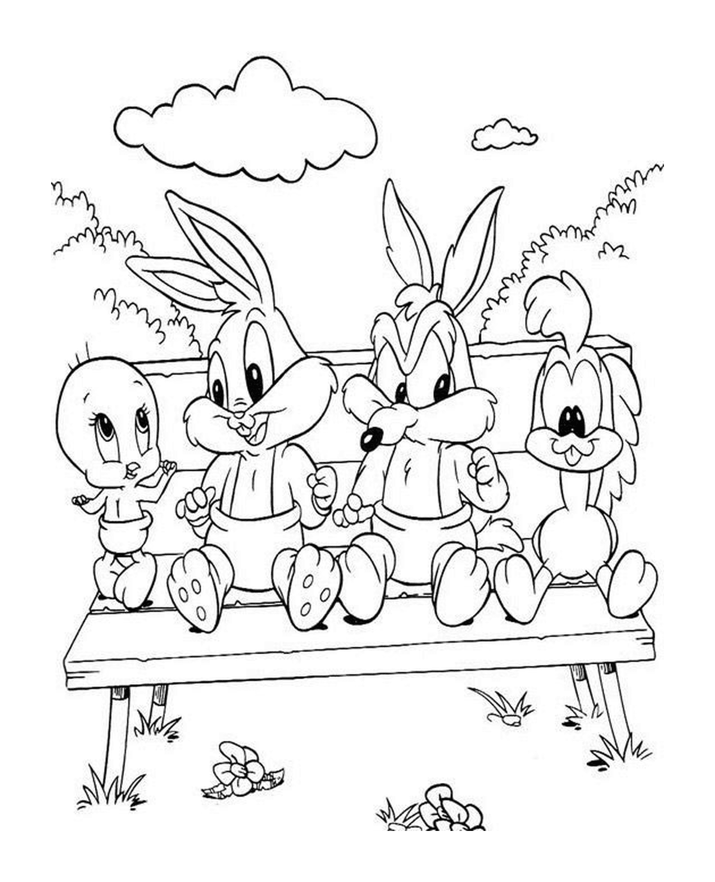   Les Looney Tunes assis sur un banc 