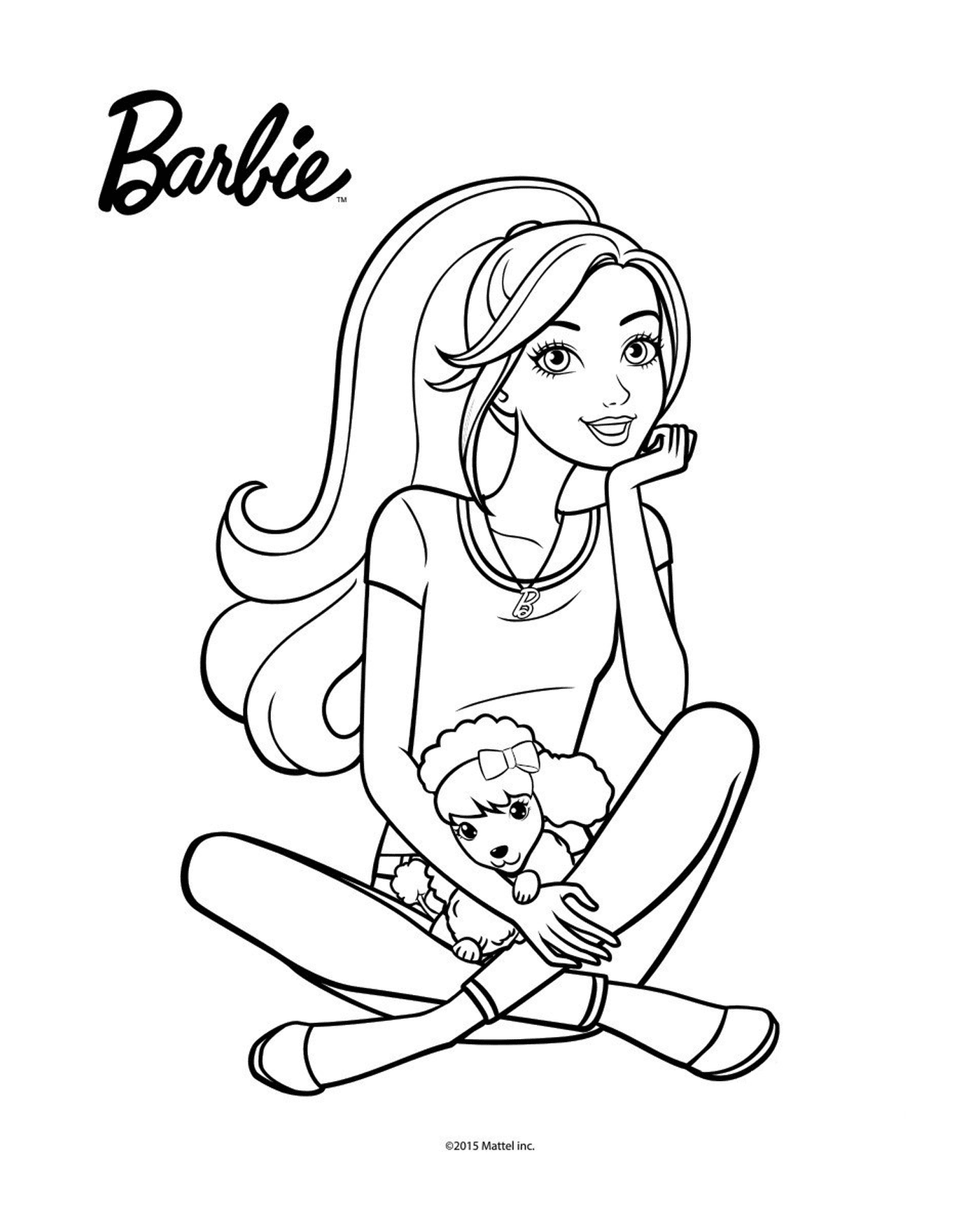   Barbie assise par terre tenant une poupée 