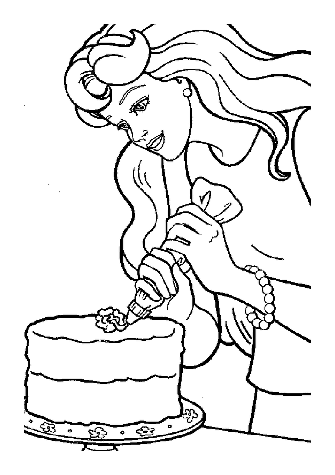   Barbie coupant un gâteau avec un couteau 