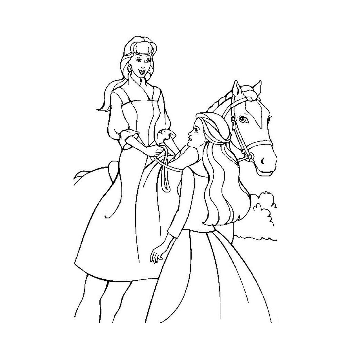   Cheval Barbie avec deux jeunes femmes à cheval 