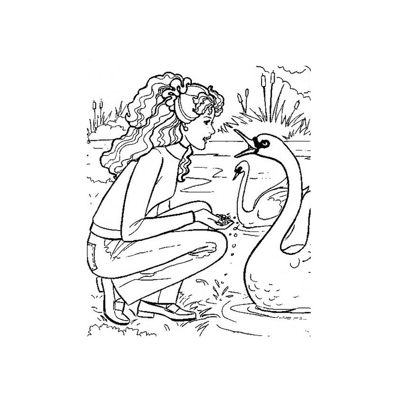   Une fille regarde un cygne dans un étang 