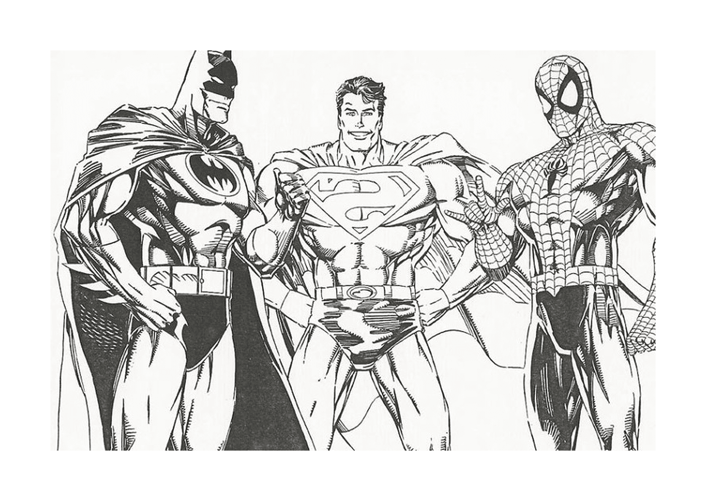   Un groupe de super-héros se tenant côte à côte, dont Batman, Spiderman et Superman 