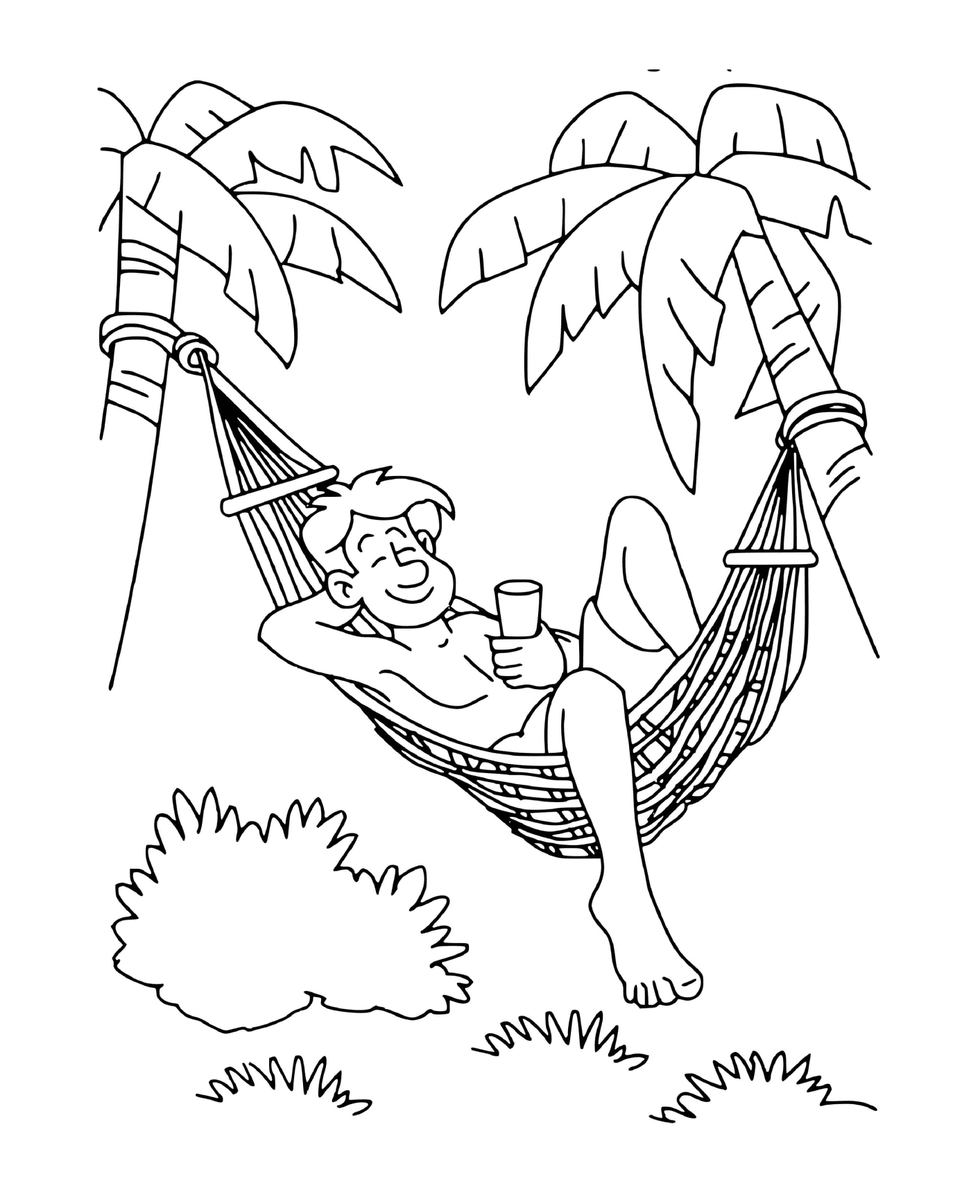   Papa se repose sur un hamac avec des palmiers 