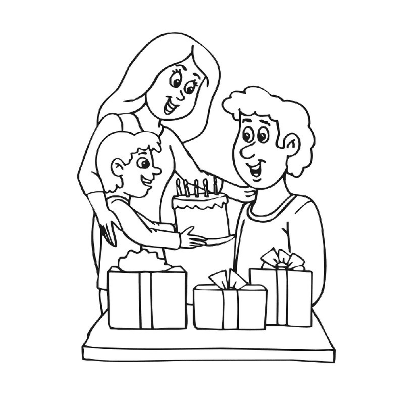   Un garçon et une femme avec un gâteau 