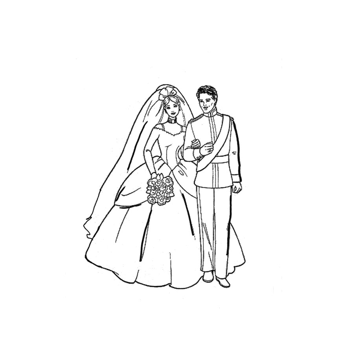  Un homme et une femme en tenue de mariage se tenant ensemble 