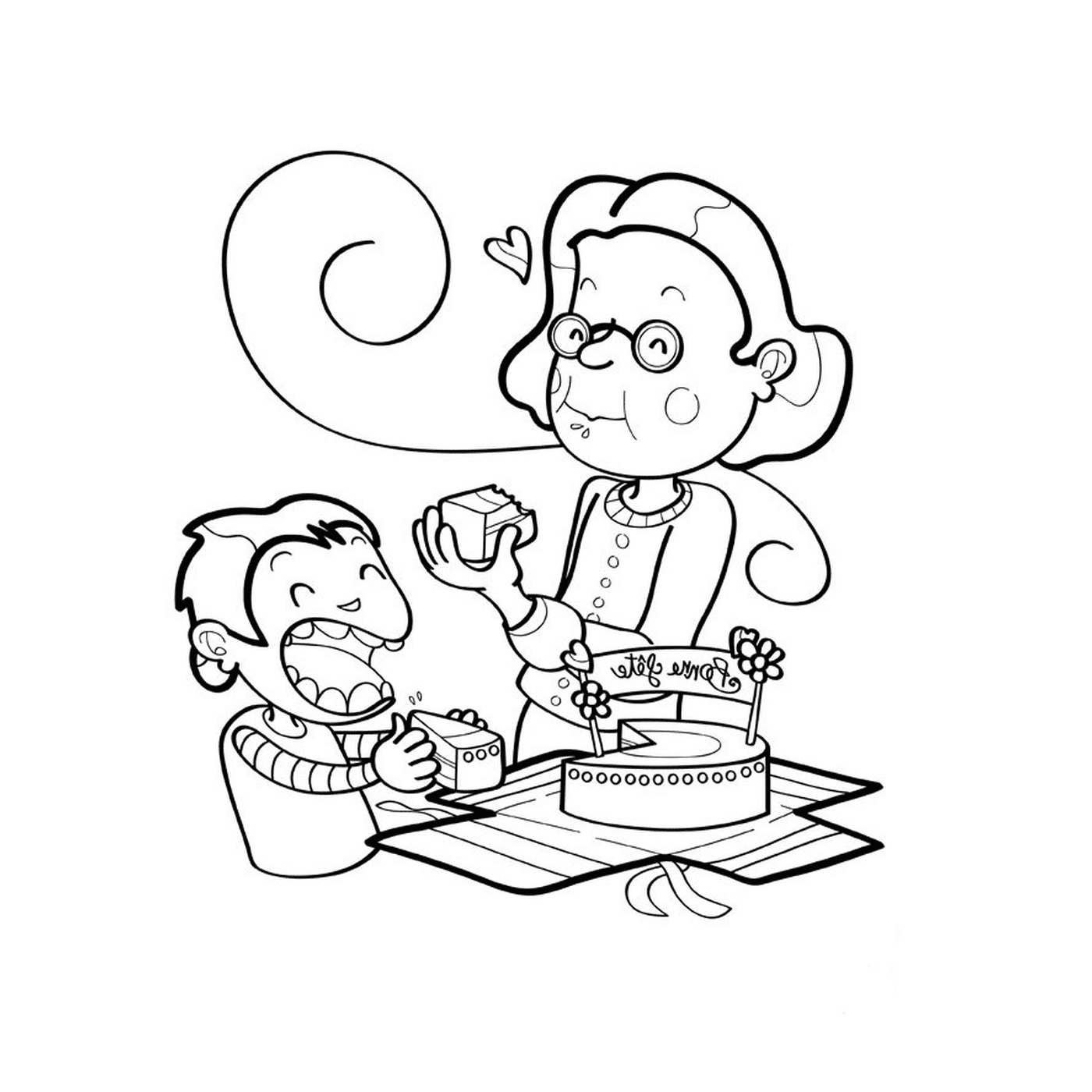   Une vieille femme et un singe qui mangent du gâteau 