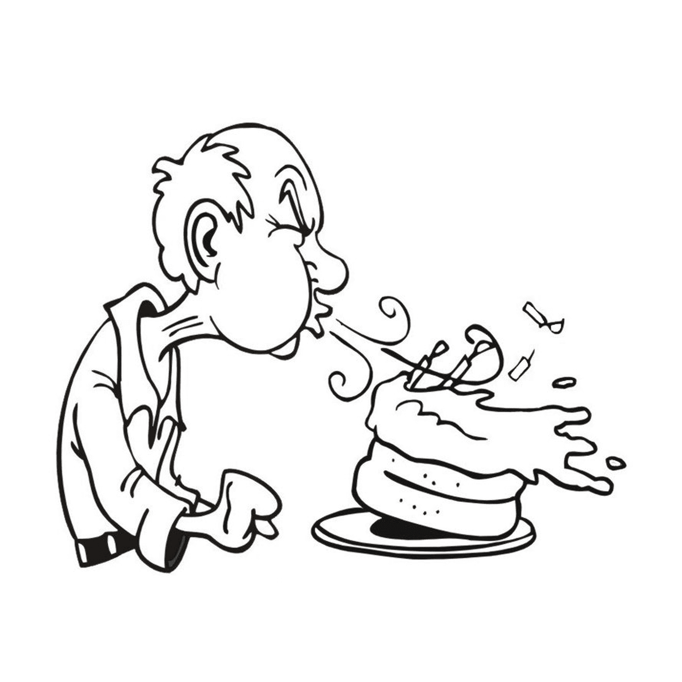   un homme soufflant une bougie sur un gâteau 