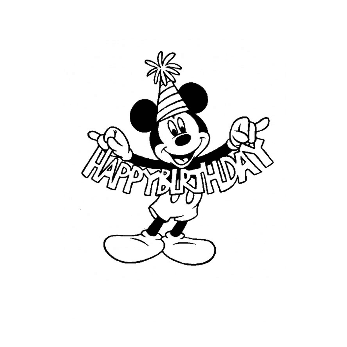   Mickey Mouse tenant une pancarte Joyeux anniversaire 
