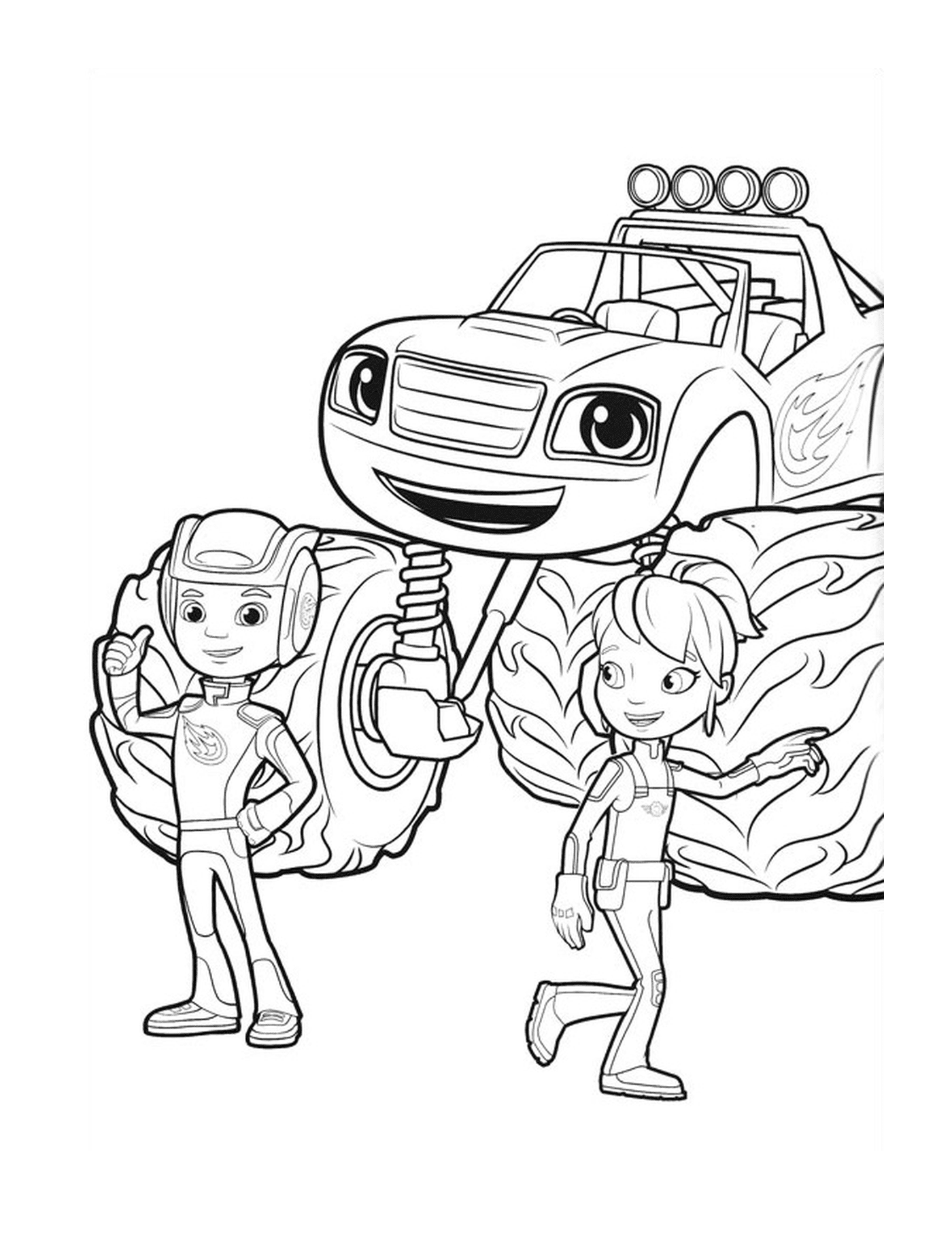   Un garçon et une fille debout à côté d'un camion 