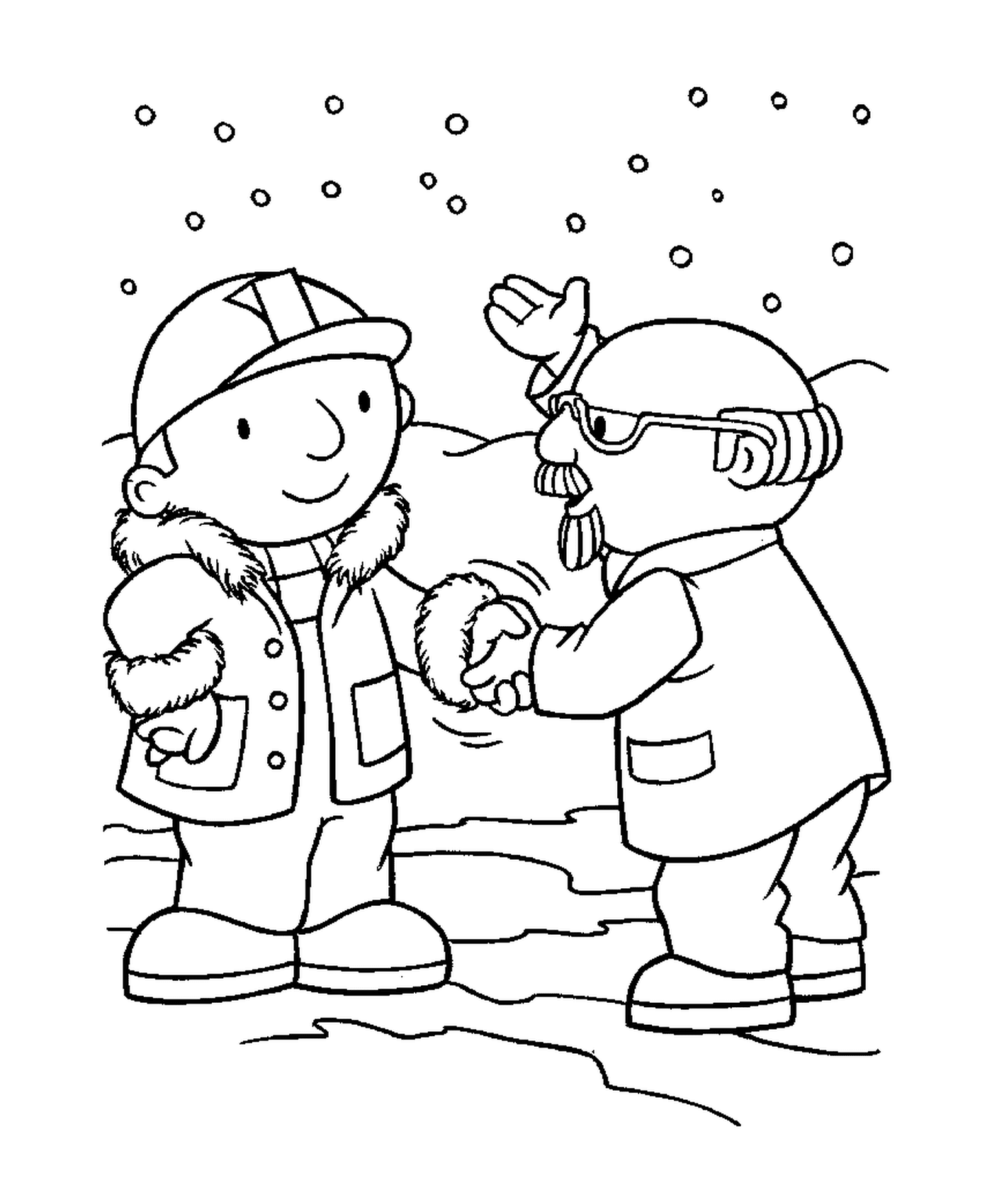   Deux personnes se serrent la main dans la neige 