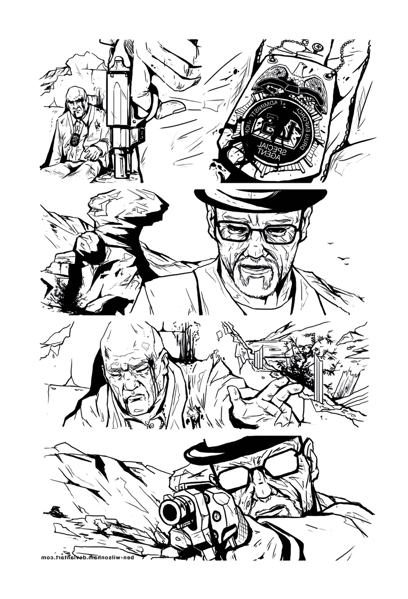  Une série de dessins en noir et blanc d'un homme 