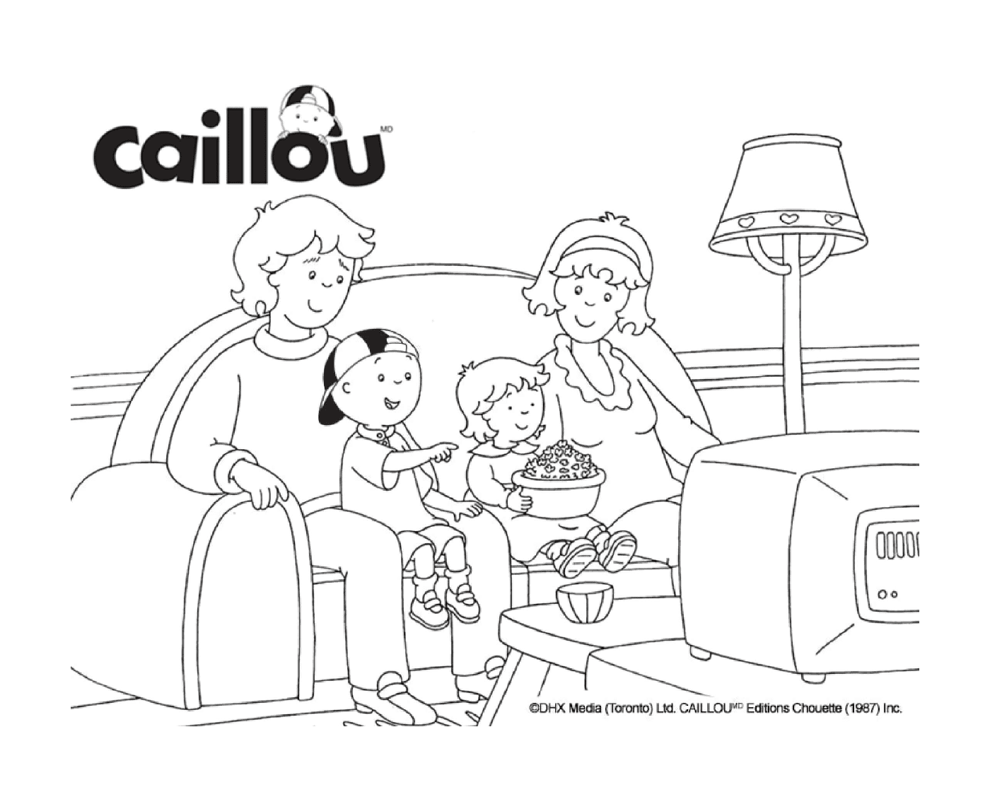   La famille Caillou regarde un film à la télévision 