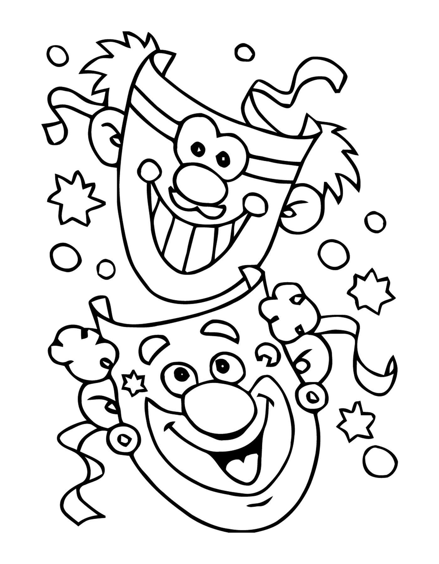   Masques de carnaval amusants, deux clowns souriants pour la caméra 