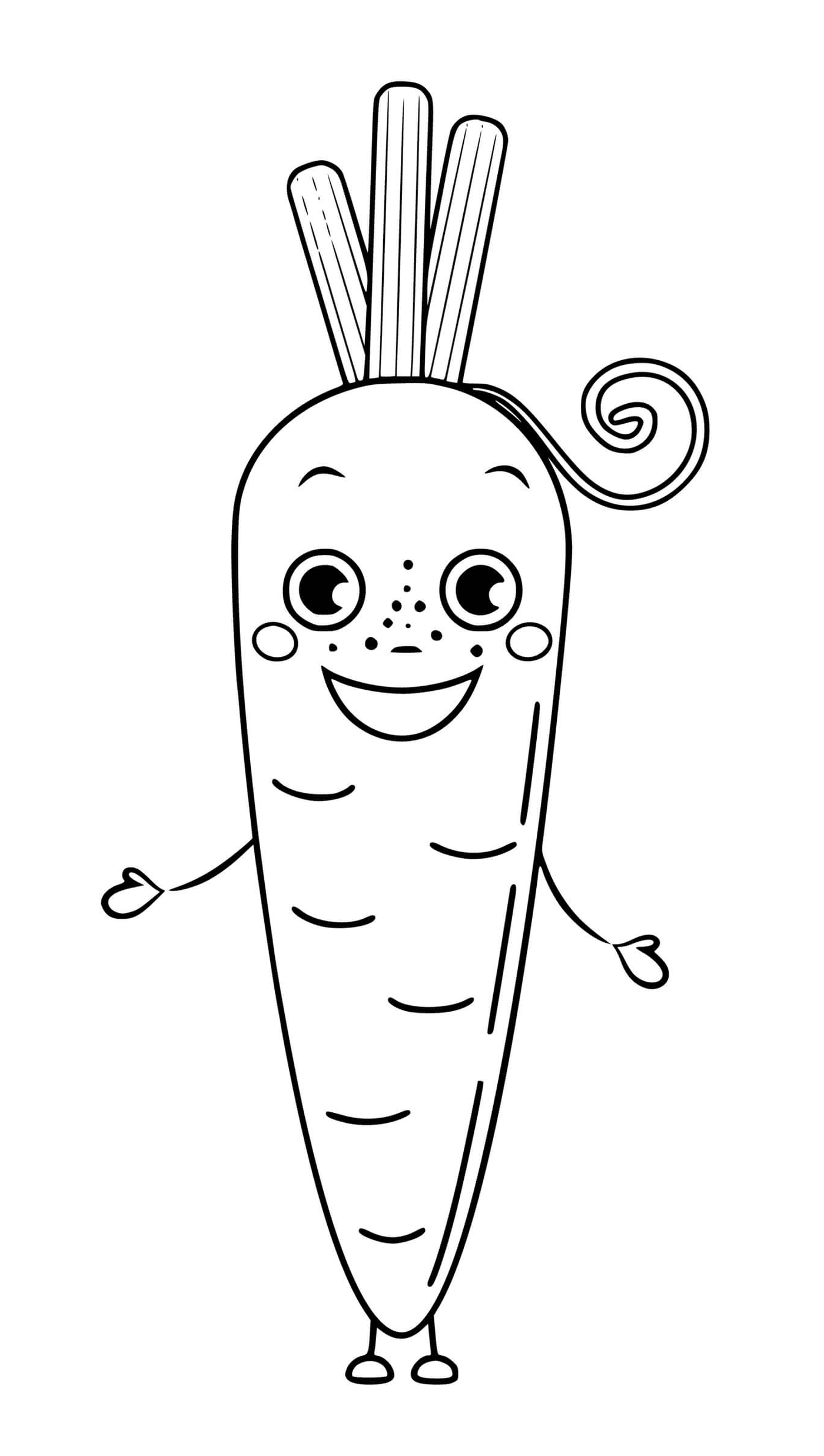   Carotte légume avec yeux et sourire, une carotte avec une queue bouclée 