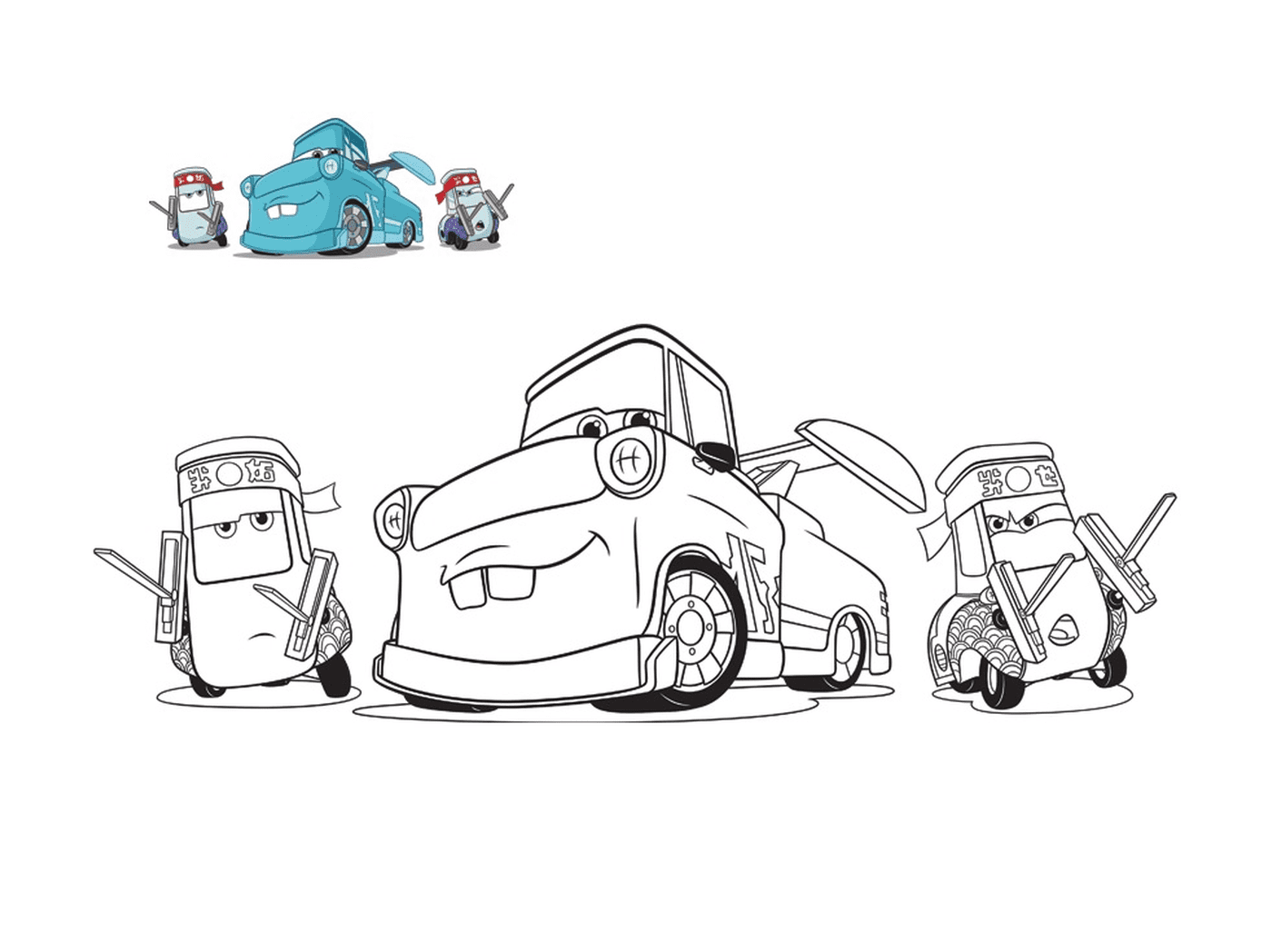  Cars 3, Guido et ses amis, voiture mécanique dépanneuse, ligne d'une voiture avec une voiture sur le sol 