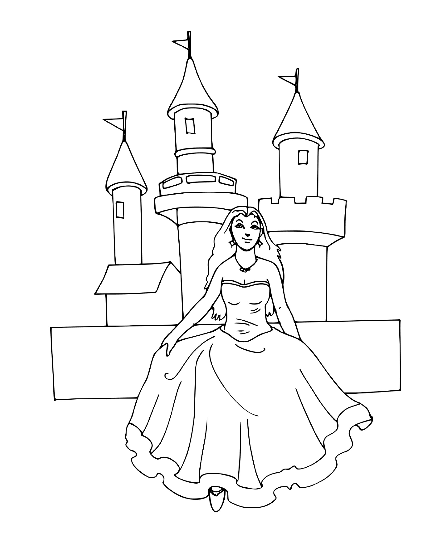   Une femme assise devant un château de princesse Disney 