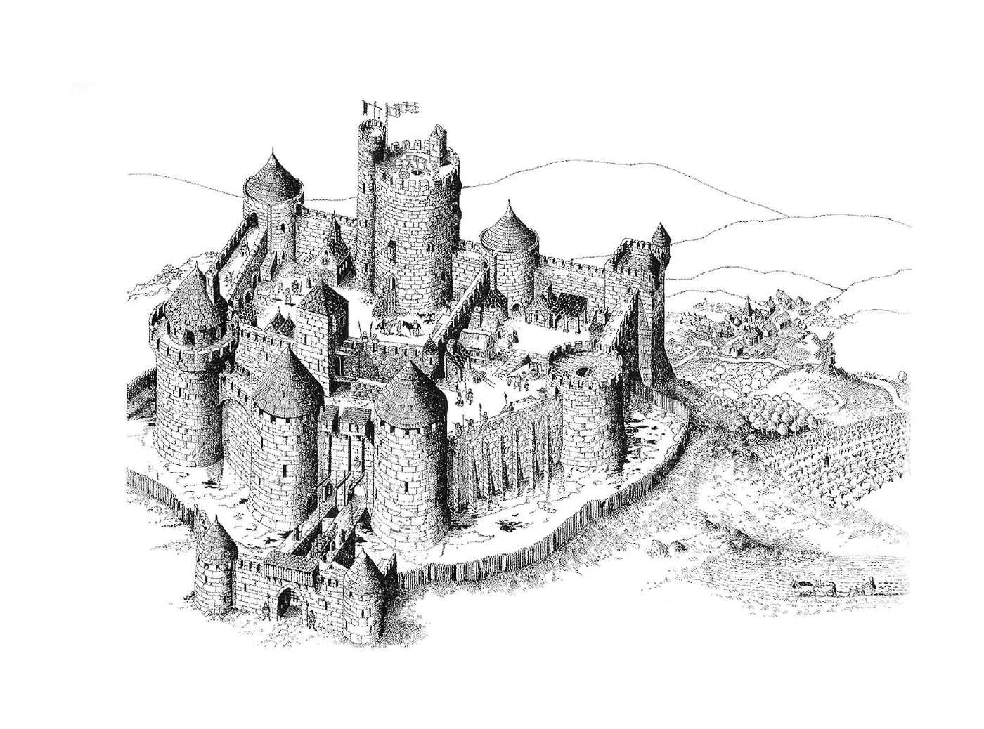   Un château fort du Moyen Âge avec un autre château au sommet 