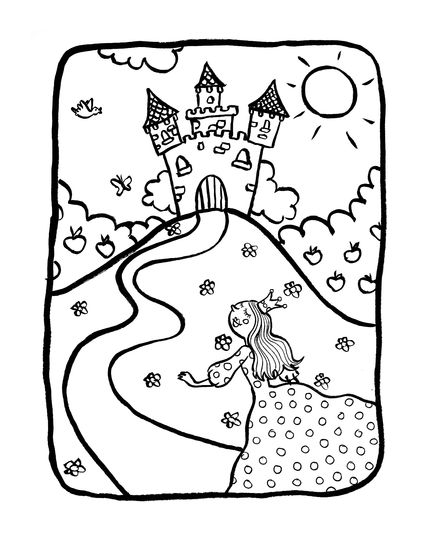   Une fille devant un château avec des princesses 