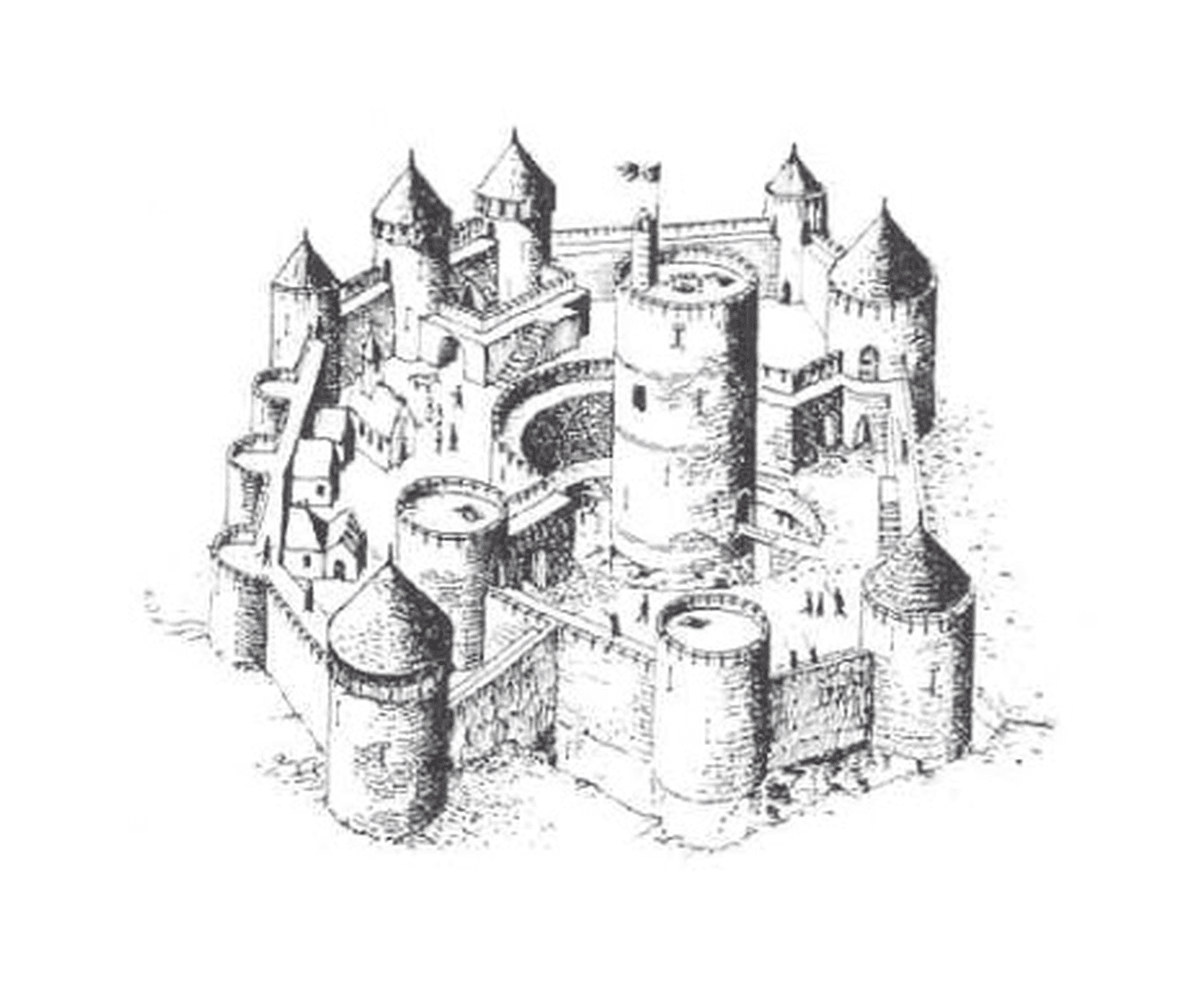   Un château fort du Moyen Âge avec de nombreuses tours 