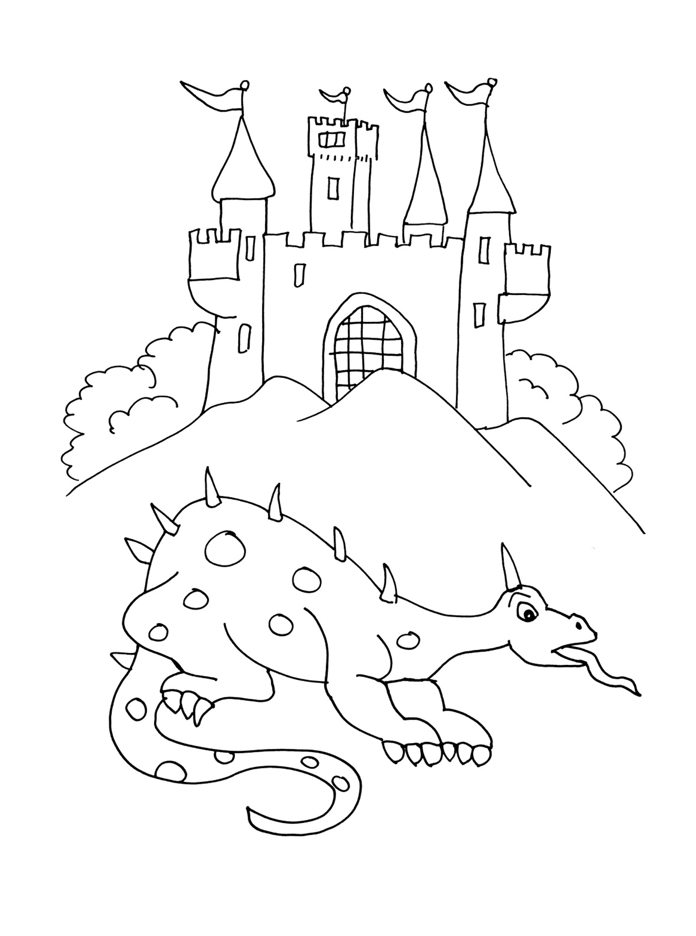   Un château de chevalier avec un dragon 