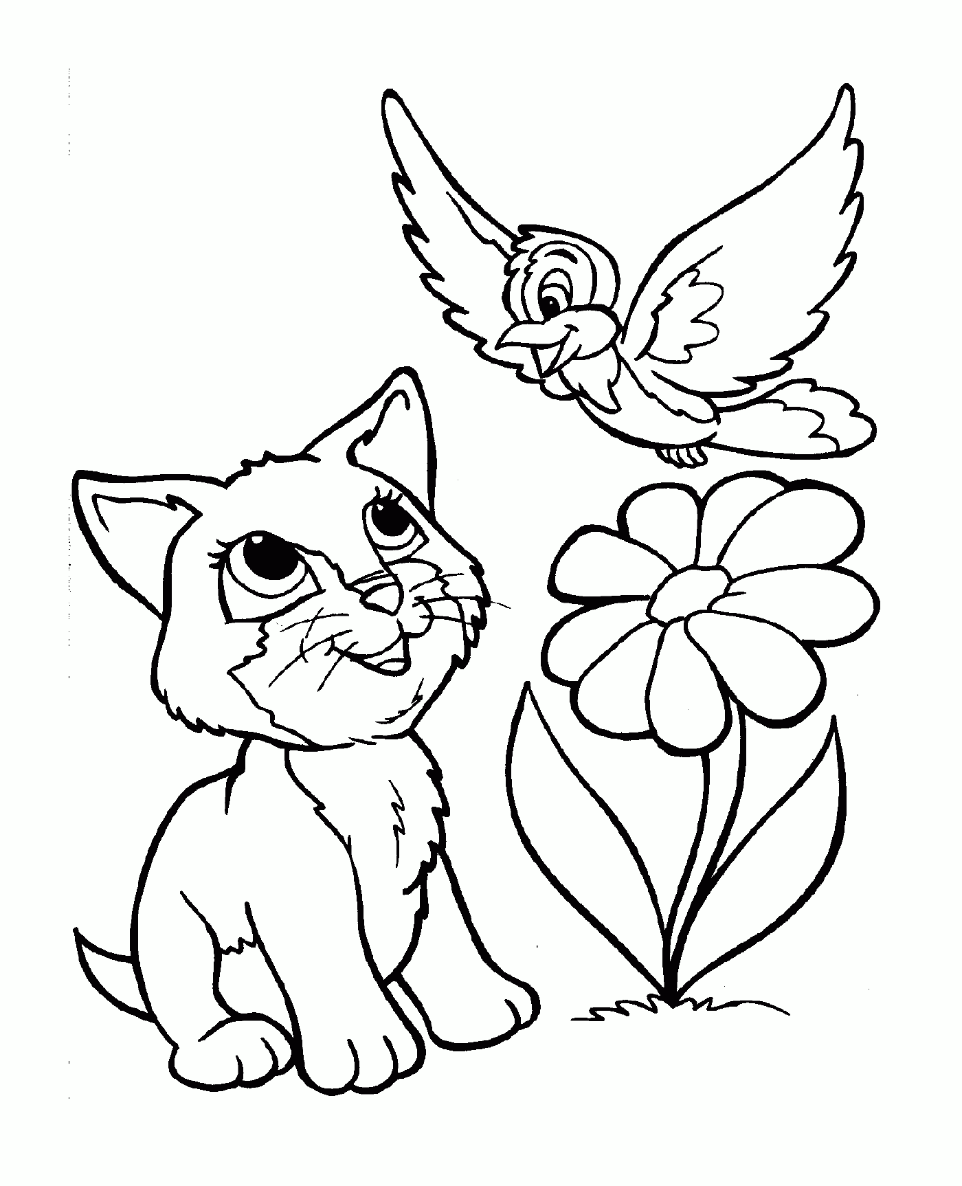   Un chat ami avec un oiseau, assis à côté d'une fleur 