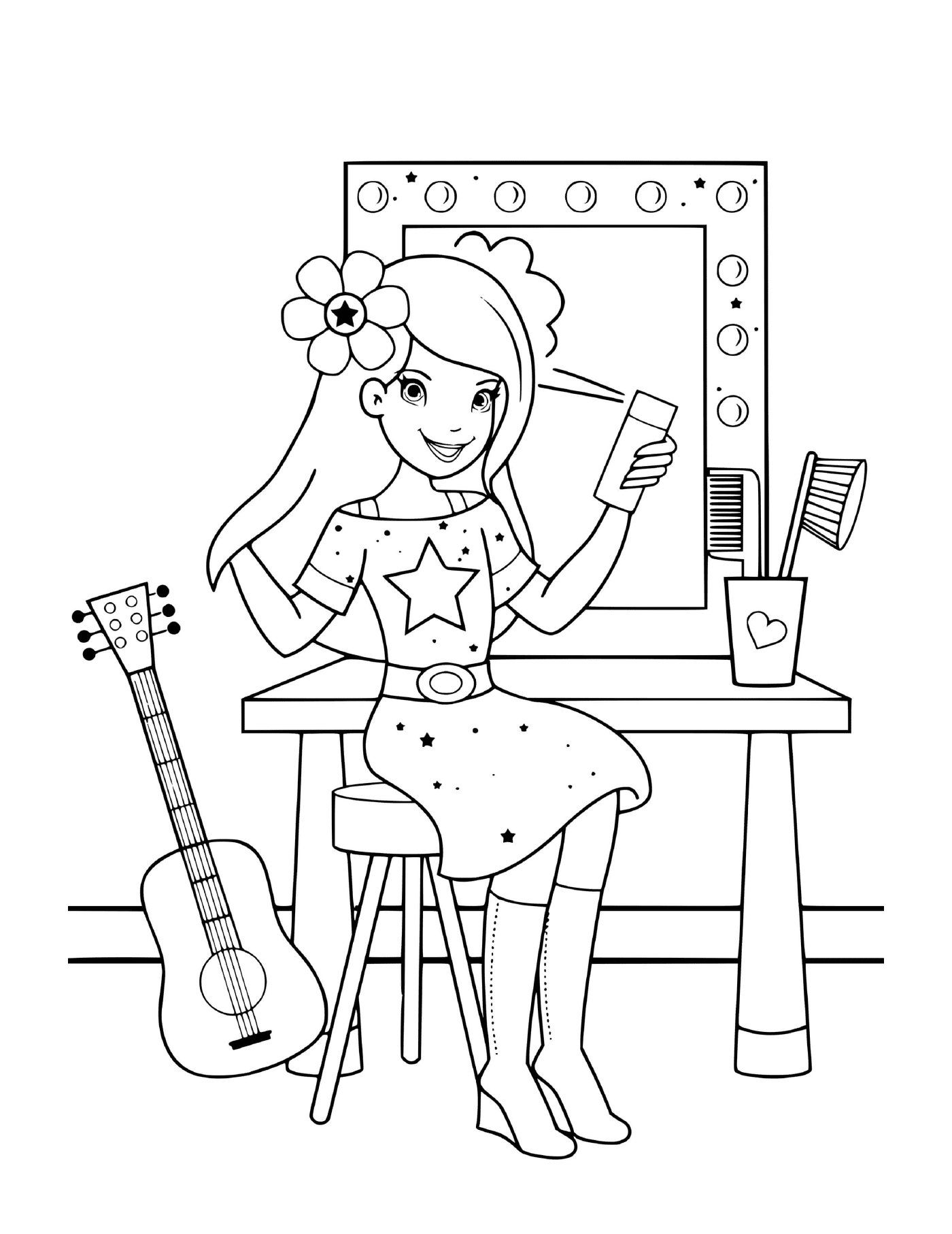   Une fille se préparant pour son spectacle de musique avec une brosse à cheveux 