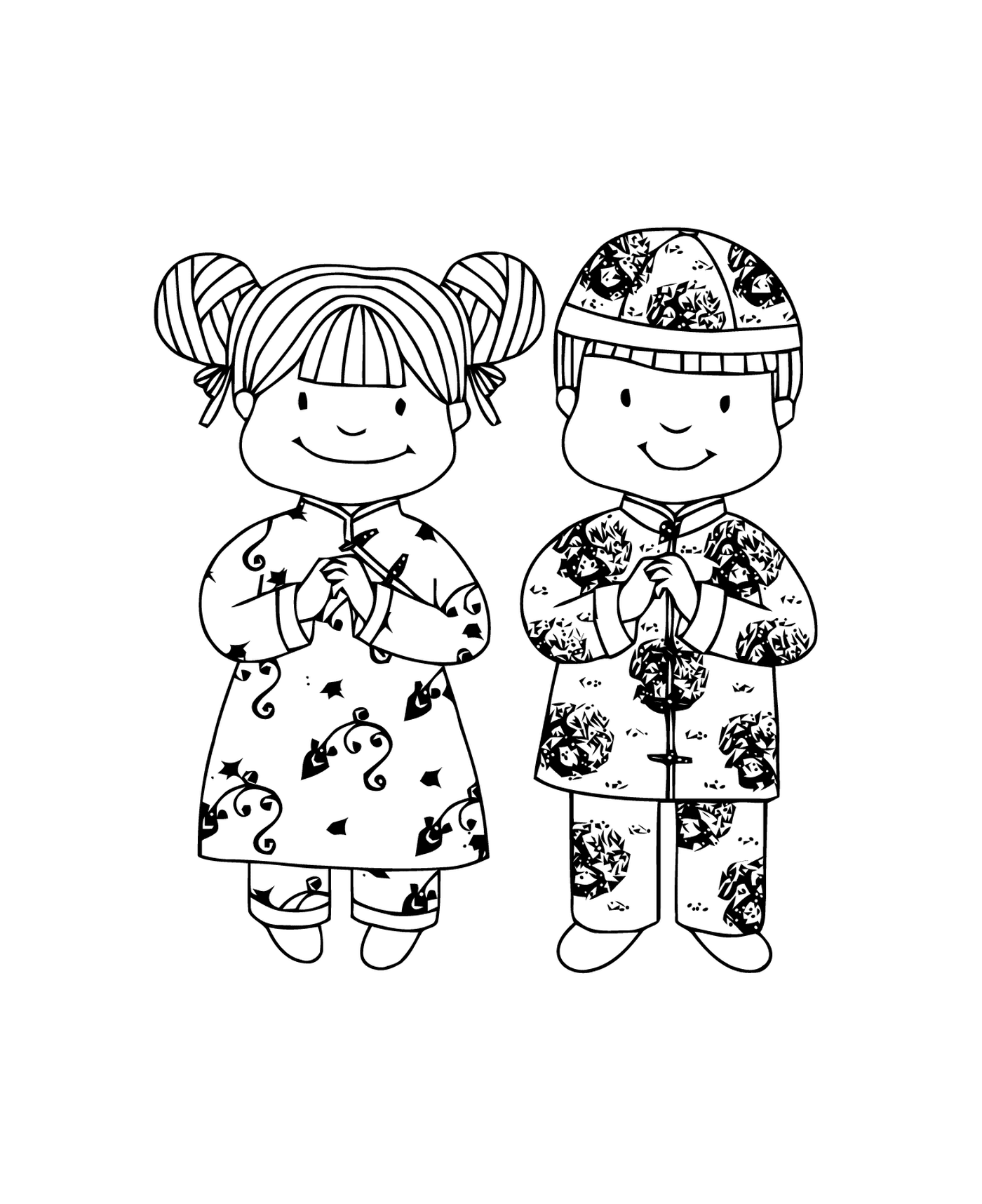   Fille et garçon en tenue traditionnelle pour le nouvel an chinois 