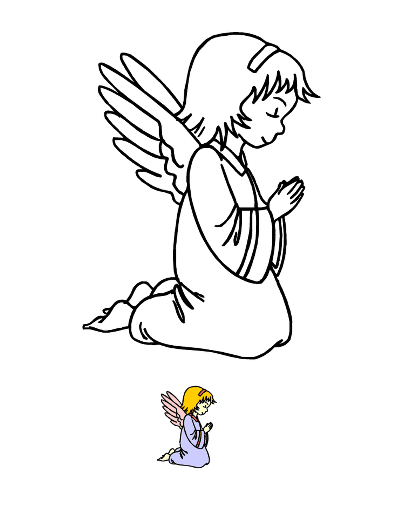   Un ange agenouillé en prière avec un oiseau à proximité 