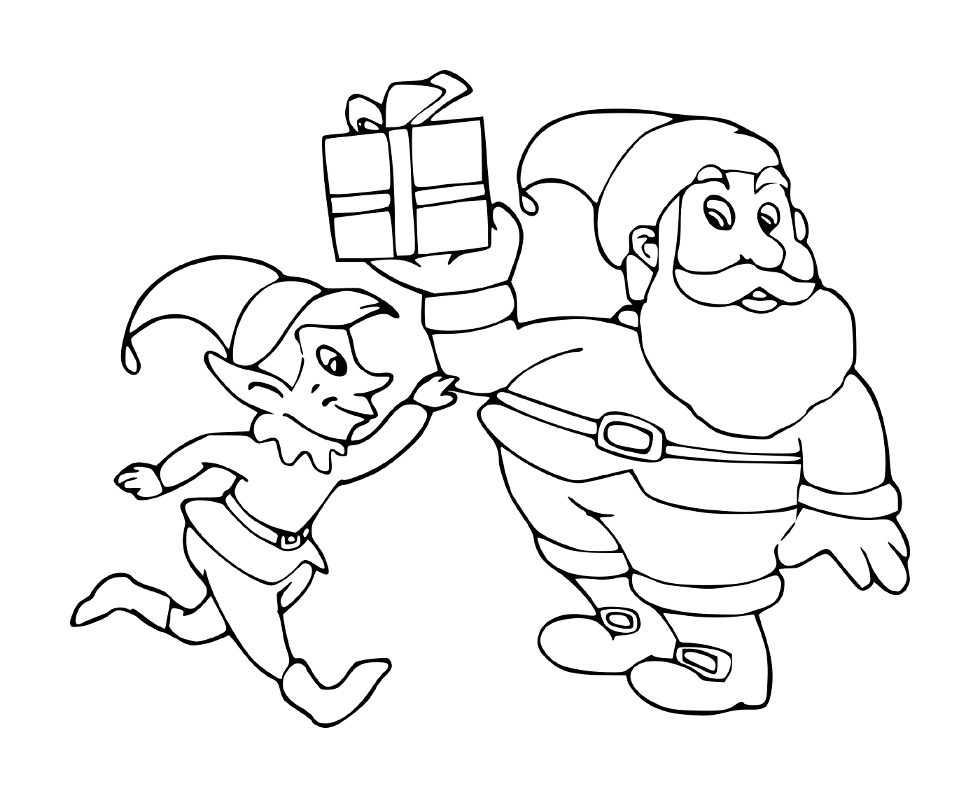   Elfe et père Noël tenant un cadeau 