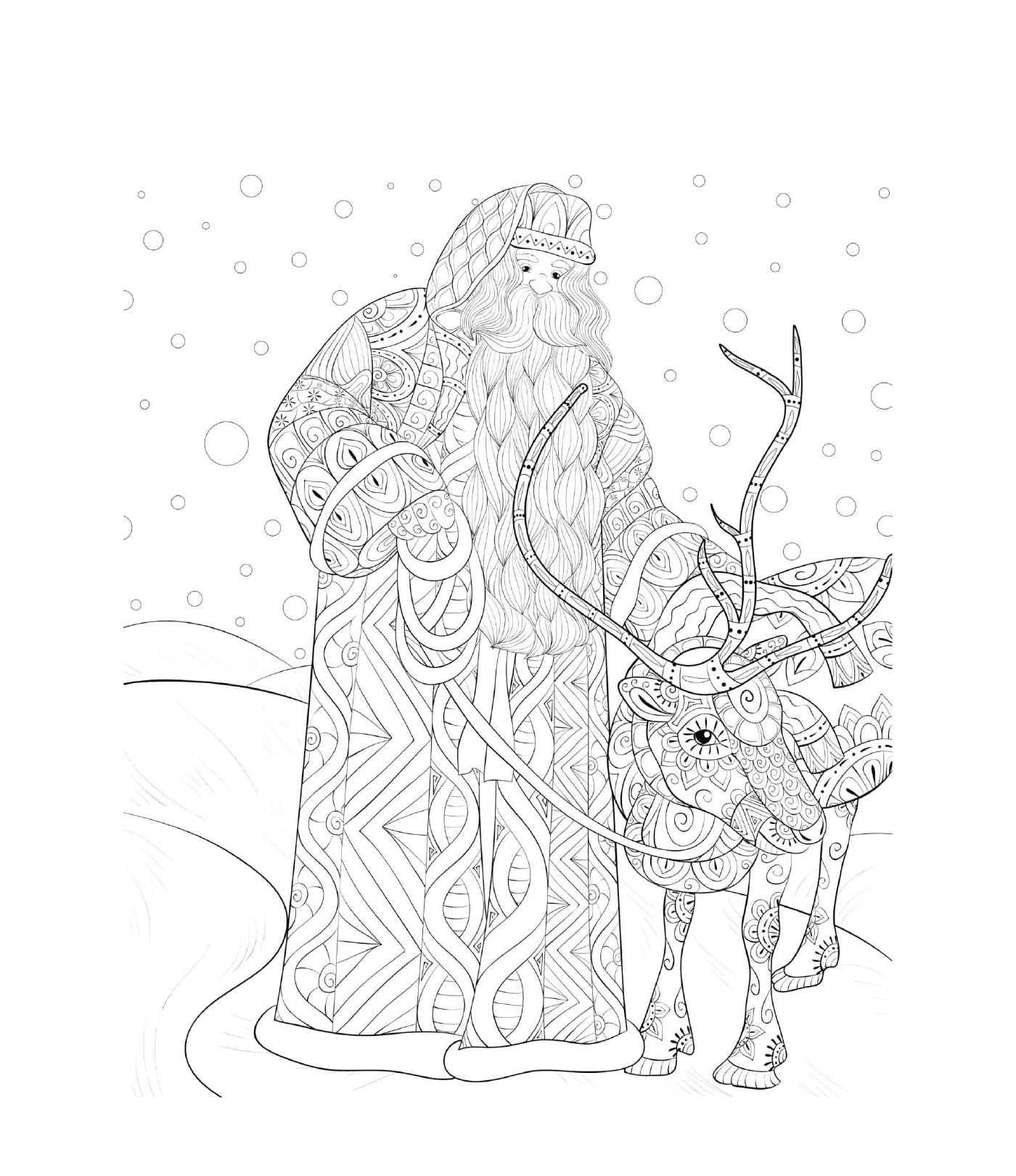   Père Noël et renne dans un paysage enneigé 