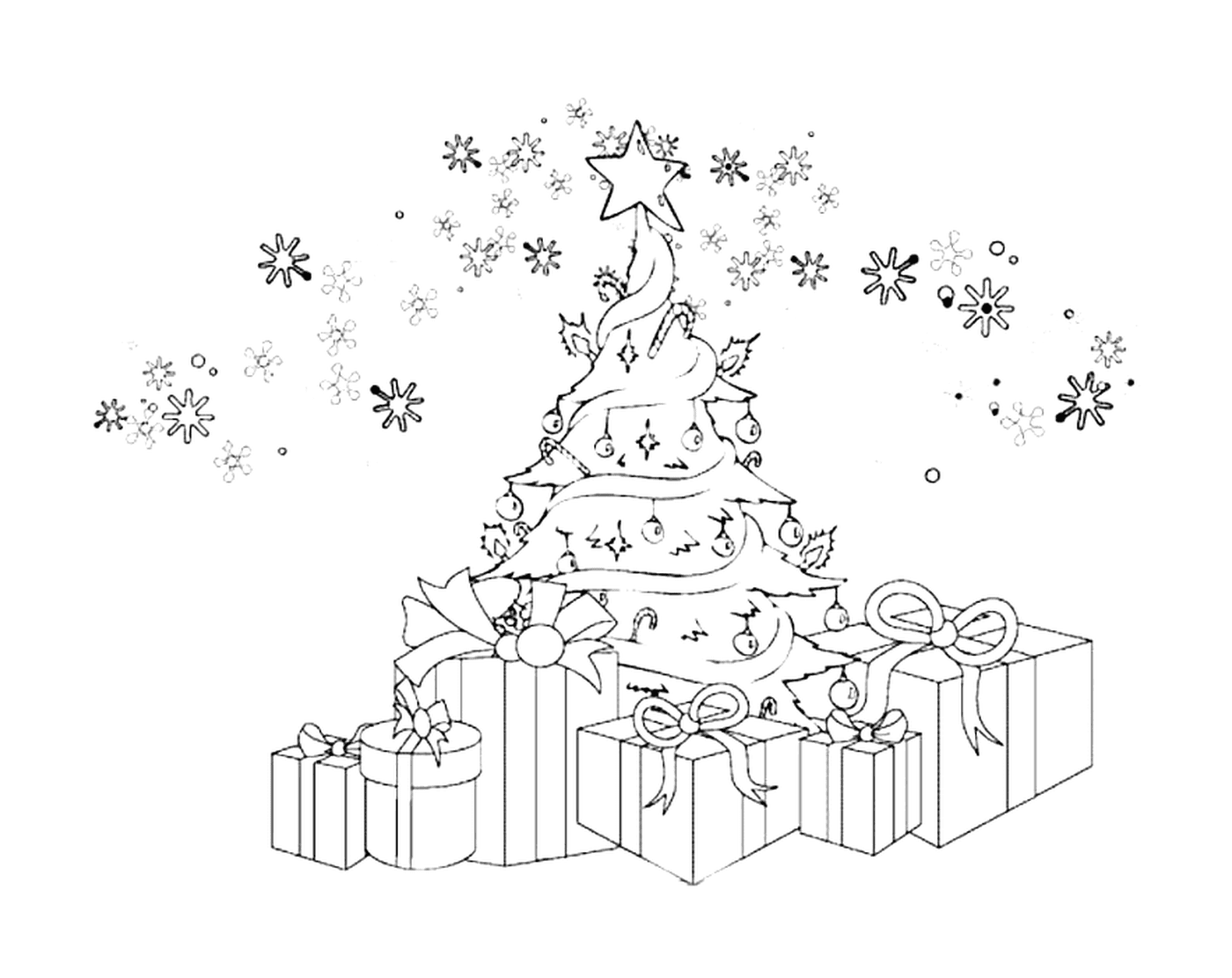   Sapin de Noël avec cadeaux et flocons de neige 