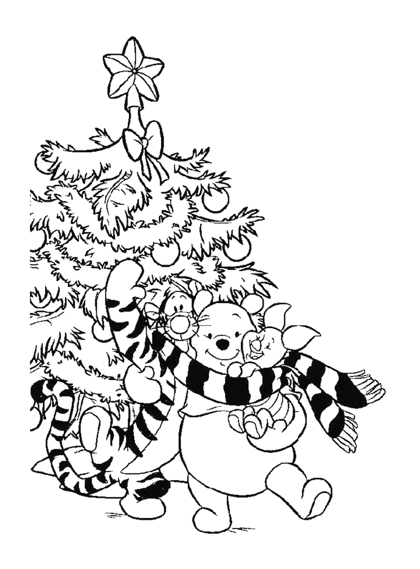   Winnie, Tigrou et Porcinet devant le sapin de Noël 