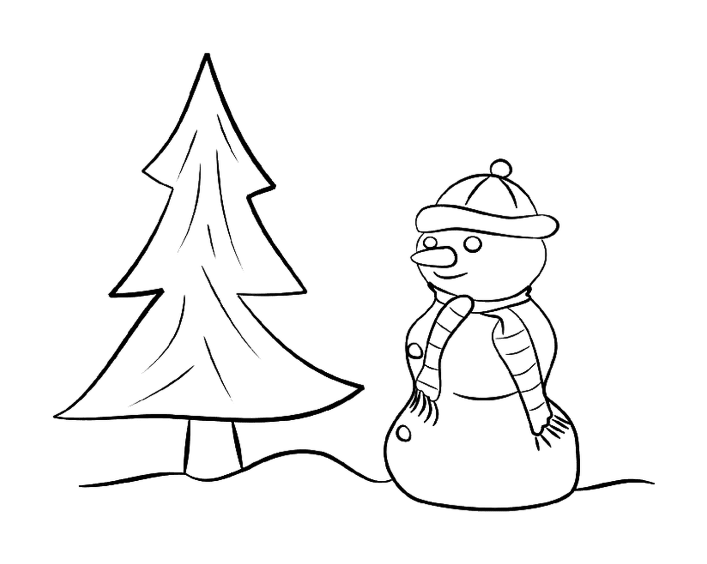  Un bonhomme de neige à côté d'un sapin de Noël 