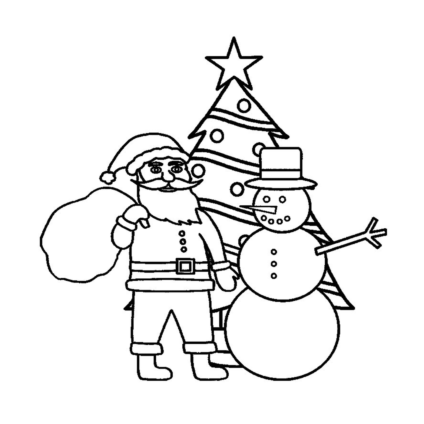   Un sapin de Noël avec le Père Noël et un bonhomme de neige 