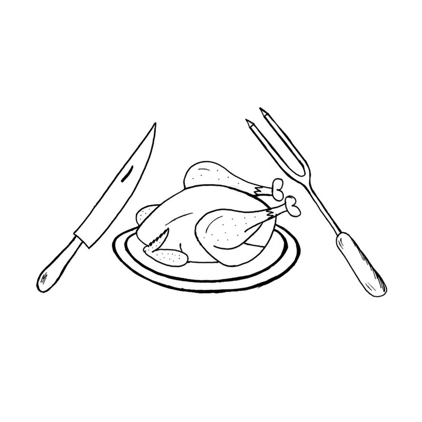   Un poulet sur une assiette avec un couteau, une fourchette et une fourchette 