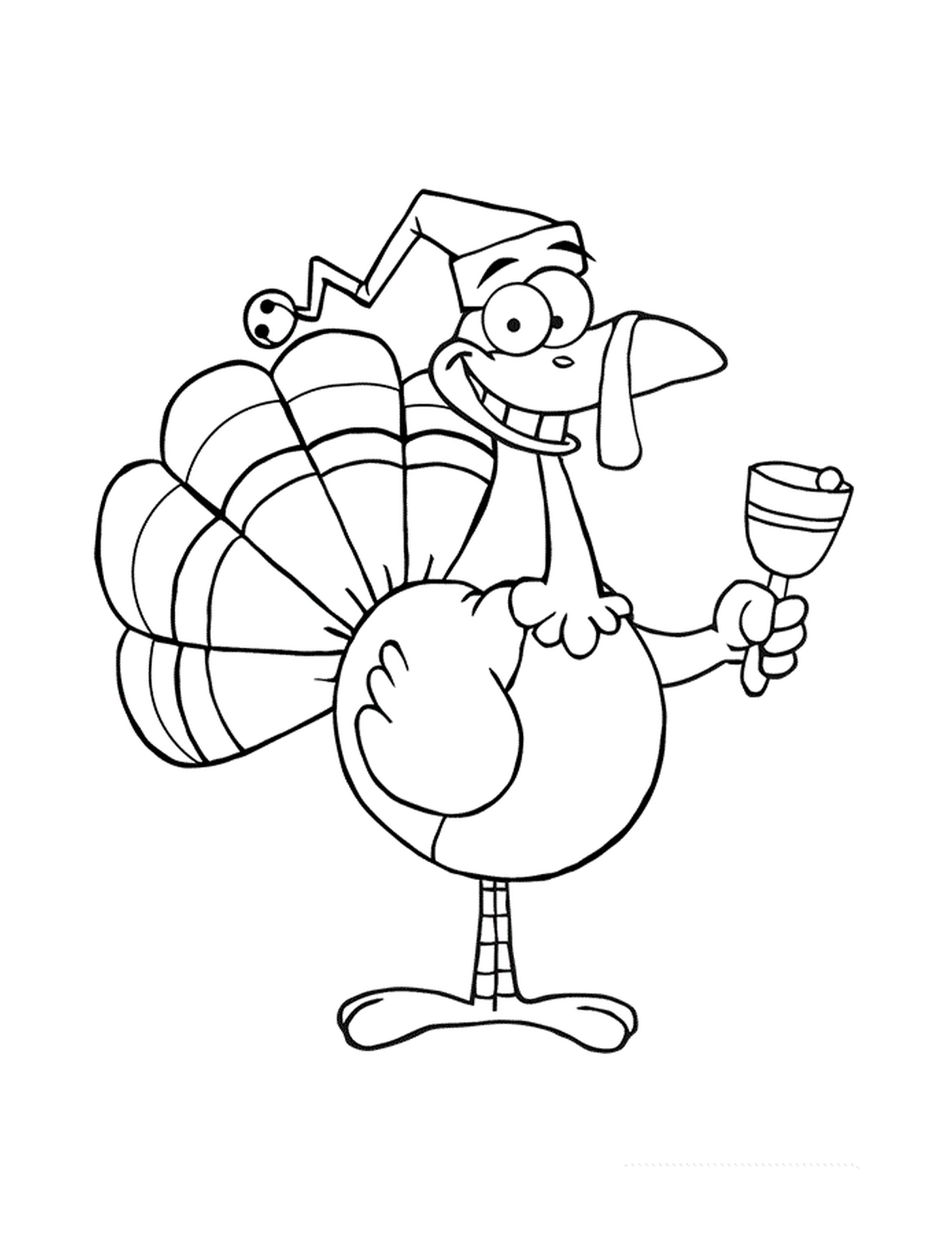   Une dinde de dessin animé portant un chapeau de bouffon et tenant un verre à vin 