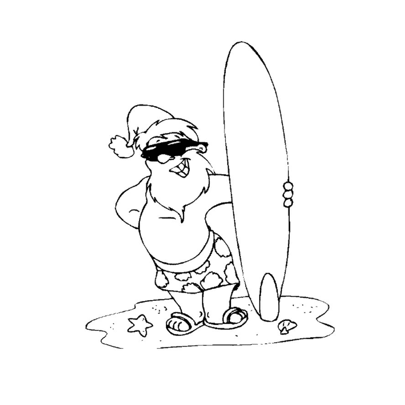   Père Noël tenant une planche de surf 