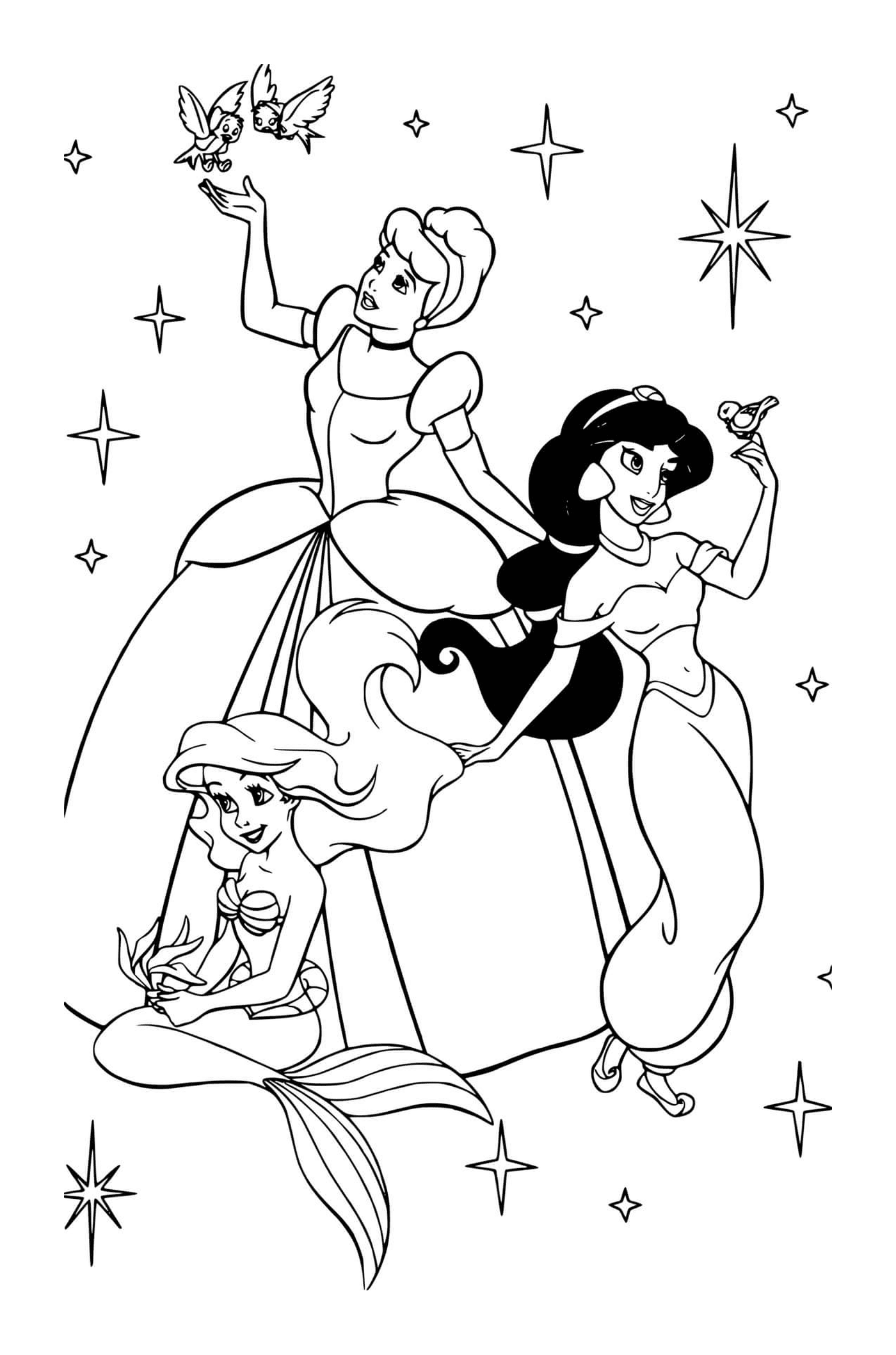   Les princesses Disney Cendrillon, Ariel et Jasmine 