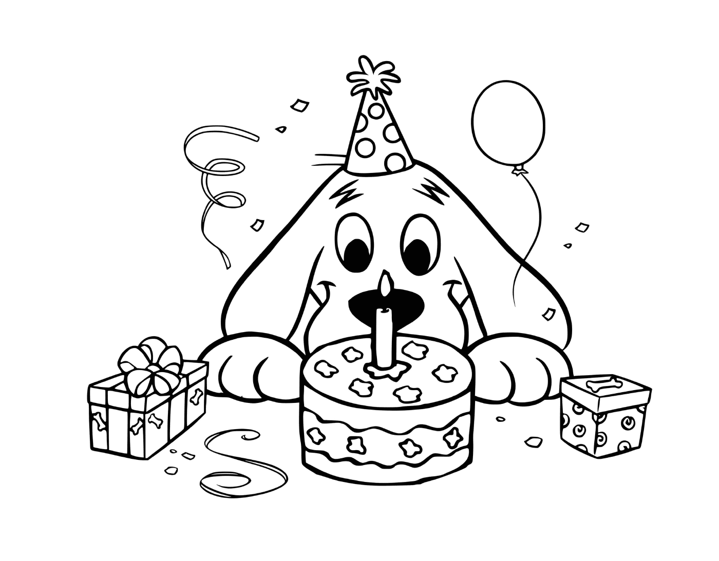   Clifford, joyeux anniversaire, gâteau, chapeau, cadeau, célébration 